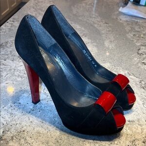 Stuart Weitzman Black and Candy Red Peep-Toe Heels Pumps Size 10